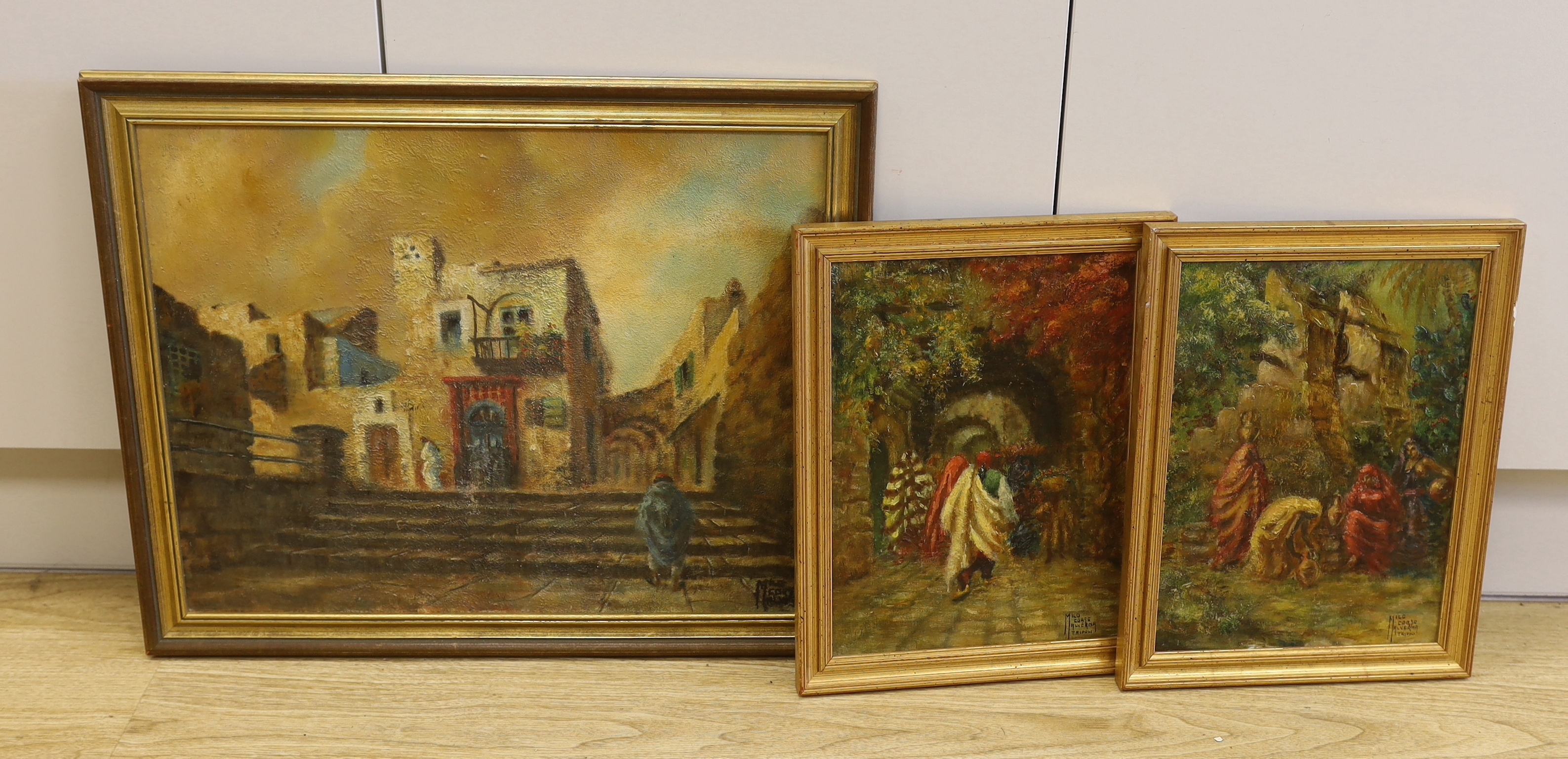 Milo Corsa Alverna, set of three oils on board, Street scenes with figures and villas, each signed, two inscribed 'Tripoli', largest 49 x 39cm